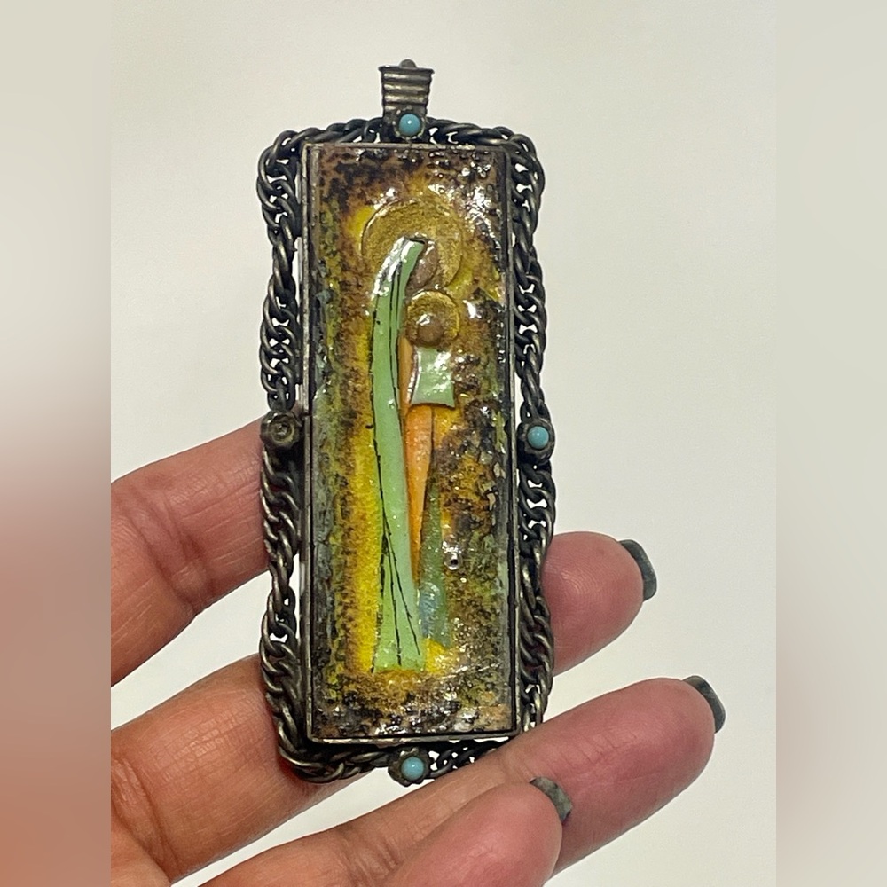 SOLD: Vintage Enamel & Turquoise Native Pendant, Mother and Child, Southwestern
